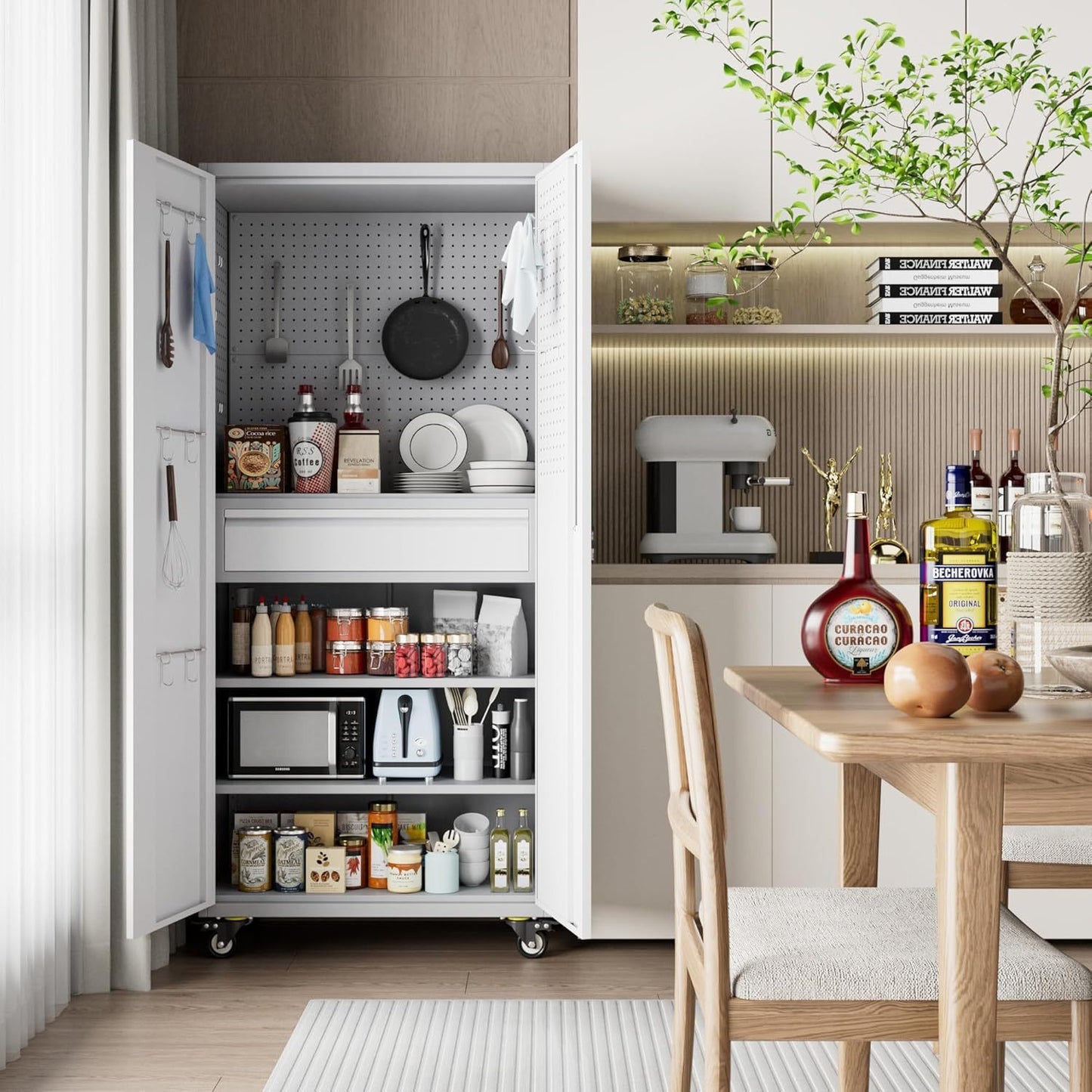 US Local Metal Garage Storage Cabinet With Wheels And Doors,Rolling Tool Cabinet With Pegboard,Rod And Drawer For Garage Warehouse Home,Required Assembly,Grey And White