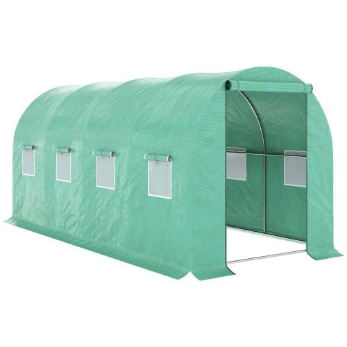 US Local Outsunny 15x 7x 6.5 Walk-in Tunnel Hoop Greenhouse, Green House With Polyethylene PE Cover, Steel Frame, Roll-Up Zipper Door & Windows For Flowers, Vegetables, Tropical Plants, Green