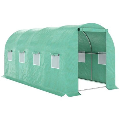 US Local Outsunny 15x 7x 6.5 Walk-in Tunnel Hoop Greenhouse, Green House With Polyethylene PE Cover, Steel Frame, Roll-Up Zipper Door & Windows For Flowers, Vegetables, Tropical Plants, Green