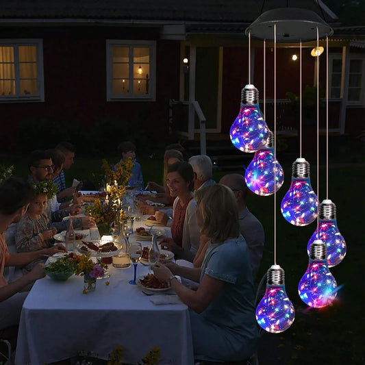 US Local Colorful LED Solar Wind Chimes 21.6inch Light Bulb Shape Mobile Hanging Wind Chime Outdoor Waterproof Decorative Solar Powered Lights For Porch Deck Garden Patio Balcony Decor