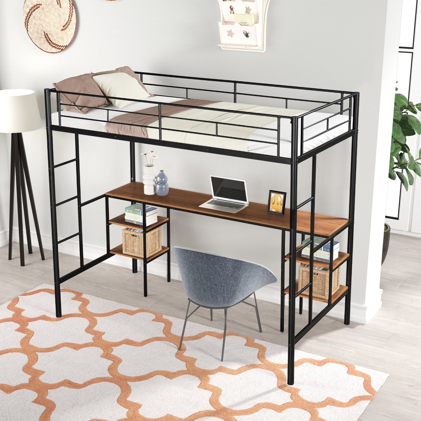 US Local Twin-Size Loft Bed With Built-in Table & Shelves - Heavy-Duty Metal