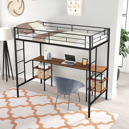 US Local Twin-Size Loft Bed With Built-in Table & Shelves - Heavy-Duty Metal