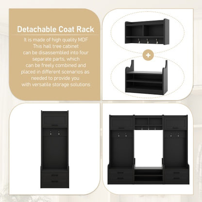 US Local 4-in-1 Detachable Hall Tree With Storage And 7 Hooks, Multiple Functions Hallway Coat Rack With Storage Drawers And Cabinet, Black Shoe Bench For Entryway Hallway