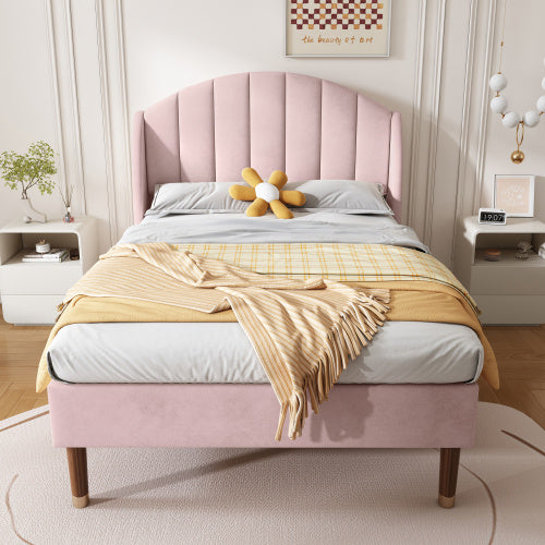 UK Local Upholstered Bed,Single Bed-3ft 90x190cm ,with Slatted Frame And Headboard, Youth Bed, Wooden Slatted Support, Easy Assembly, Velvet, Pink