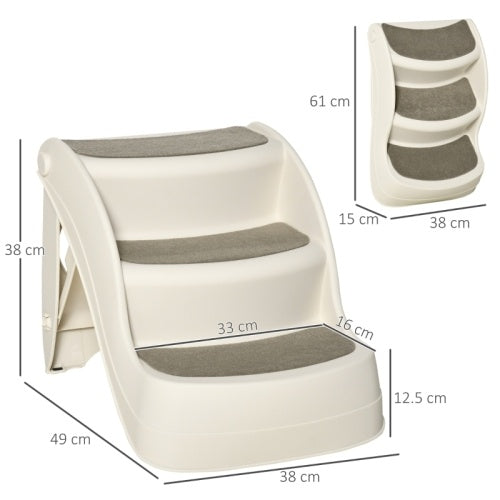 UK Local PawHut Foldable Pet Stairs Portable Dog Steps 3-Step Design With Non-slip Mats For High Beds, Sofas, 49 X 38 X 38 Cm, Cream