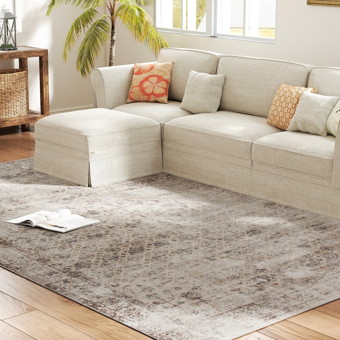 8x10 Machine Washable Area Rug , Non-Slip Traditional Floor Carpet For Living Room, Bedroom, Light Mixed-Brown