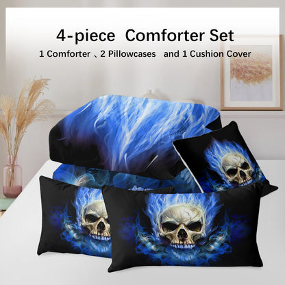 US Local 4 Piece Blue Fire Skull Comforter Set, 3D Skeleton Printed Bedding With 1 Comforter, 2 Shams, 1 Cushion Cover, Black Queen Size