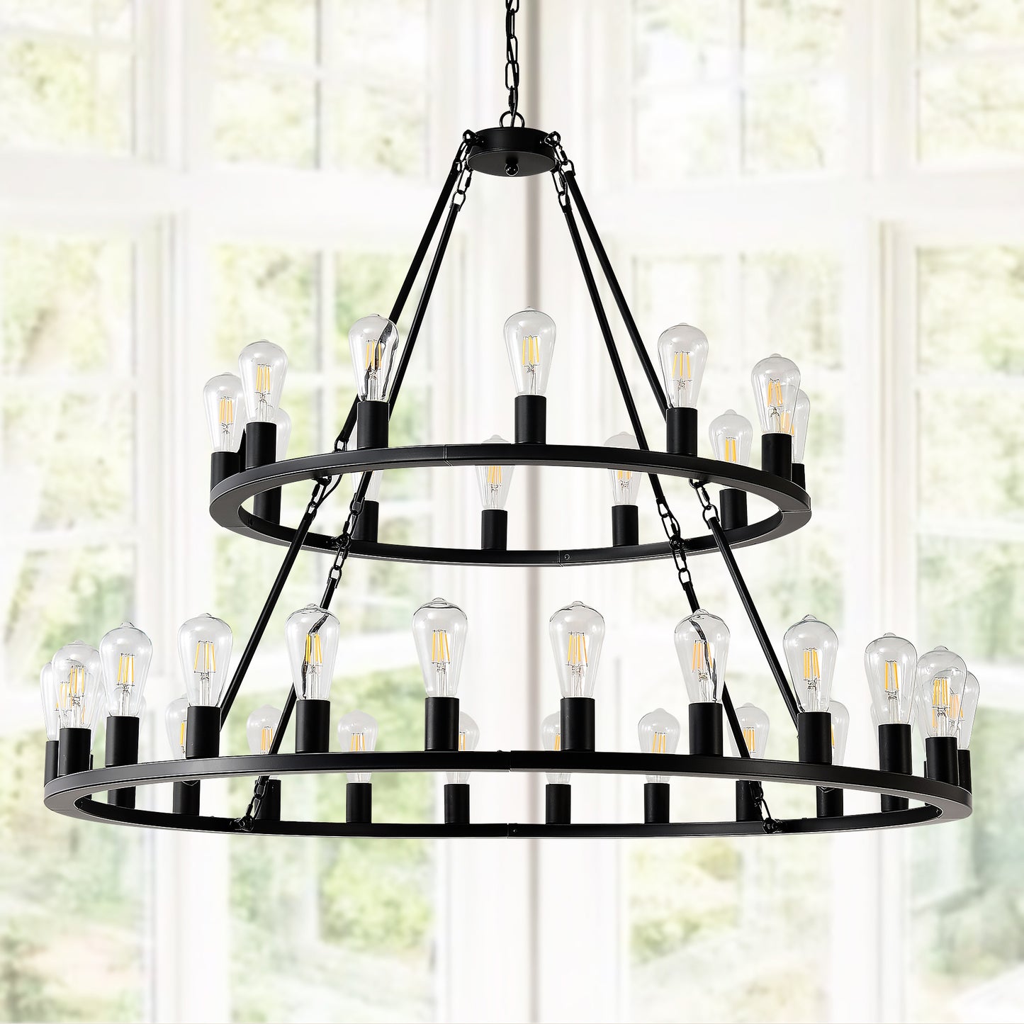 US Local 48 Inch Black Extra Large Wagon Wheel Chandelier, 2 Tier 36-Lights No Include Farmhouse Industrial Round High Ceiling Pendant Light Adjustable Chain, For Dining Room, Living Room,Kitchen