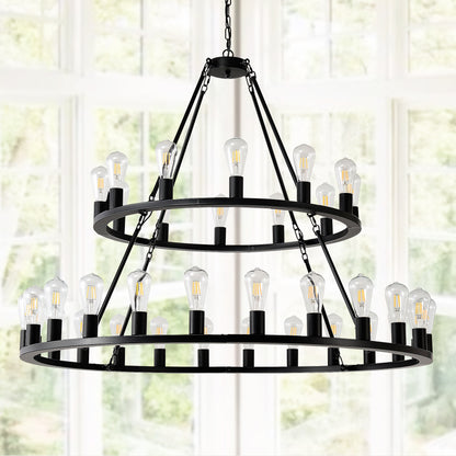 US Local 48 Inch Black Extra Large Wagon Wheel Chandelier, 2 Tier 36-Lights No Include Farmhouse Industrial Round High Ceiling Pendant Light Adjustable Chain, For Dining Room, Living Room,Kitchen