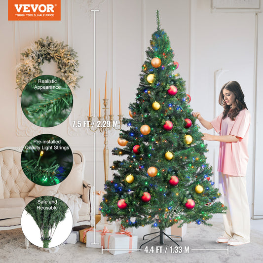 US Local VEVOR Christmas Tree, 7.5ft Prelit Artificial Xmas Tree, Full Holiday Decor Tree With 550 Multi-Color LED Lights, 1346 Branch Tips, Metal Base For Home Party Office Decoration