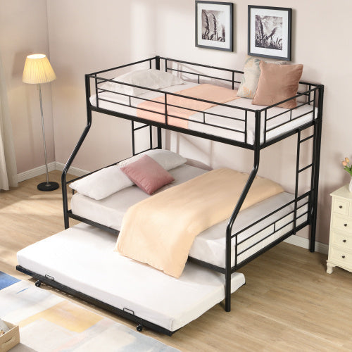US Local Twin Over Full With Trundle Metal Bunk Bed , No Box Spring Needed, Easy Assemble