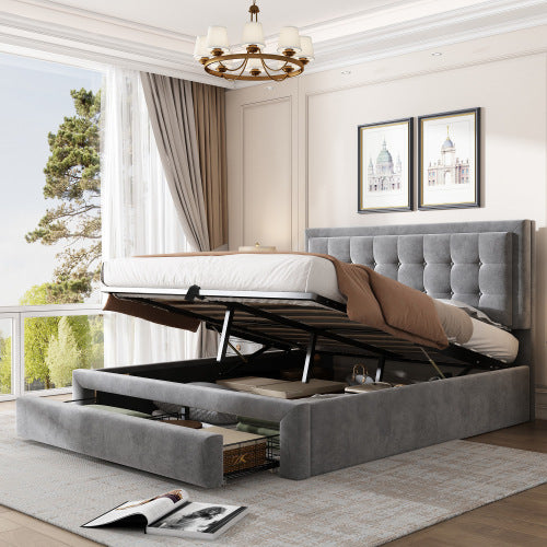 UK Local Upholstered Bed,Double Bed-4ft6 135x190cm, Velvet Fabric, Double Bed, Large Storage Space,With Slats And Headboard,Without Mattress,Grey