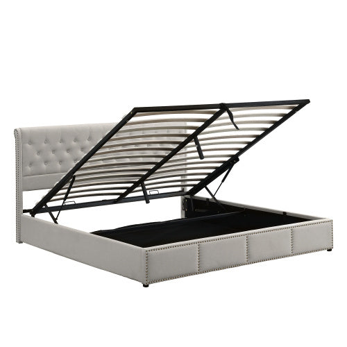 UK Local Upholstered Bed,Double Bed-4ft6 135x190cm ,with Hydraulic Lever, Functional Storage Bed, Rivet Decoration, Without Mattress, Linen, Light Grey