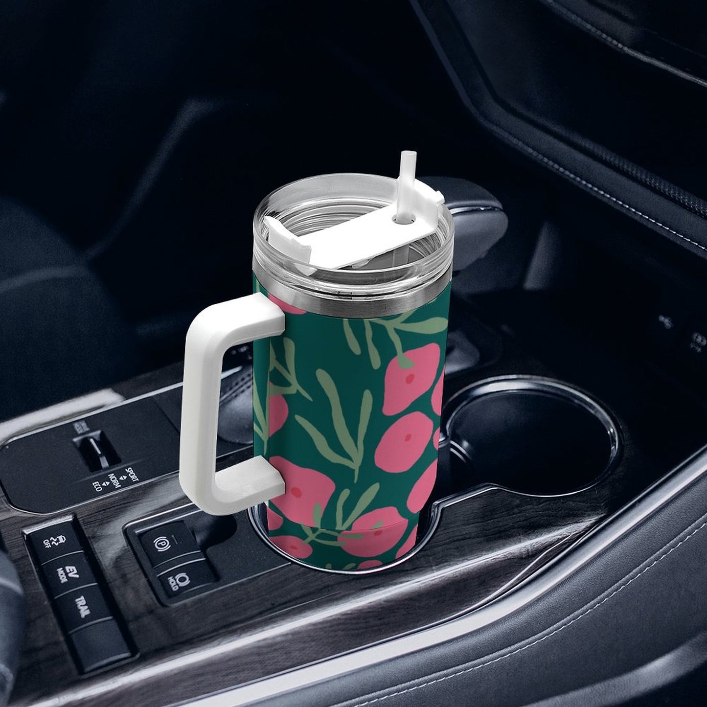 PHDT00424 POD US Local Tumbler 40 oz Large Capacity Car Cup Pink Green, Flowers, Leaves