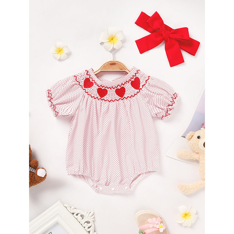 US Local Newborn Baby Girls' Valentine's Day Smocked Romper Short Sleeve Heart Embroidery Jumpsuit Casual Cute Romper