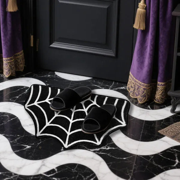 US Local 15.7 X 23.6 Inch Halloween Decor Spider Web Bath Mat For Bathroom, Gothic Cute Halloween Decoration Black White Half Circle Bath Mat Non Slip Cashmere Bath Rug Bathroom Mat Plush Shower Rugs