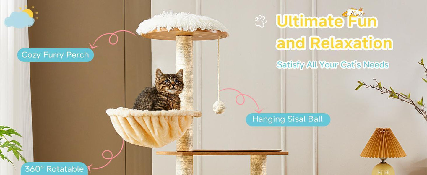 US Local Solid Wood Cat Tree And Tower With Litter Box, Cat Scratching Board And Hammock For Indoor Large Cats
