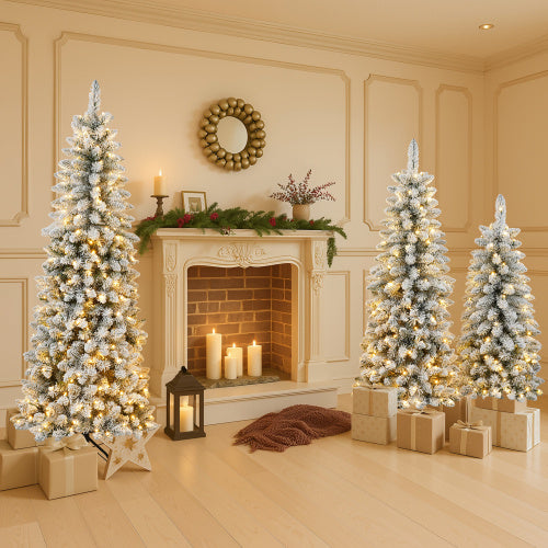 US Local 3 Pcs Flocked Artificial Christmas Tree Set With Lights, 4ft 5ft 6ft Christmas Snow Tree Set, Christmas Decor