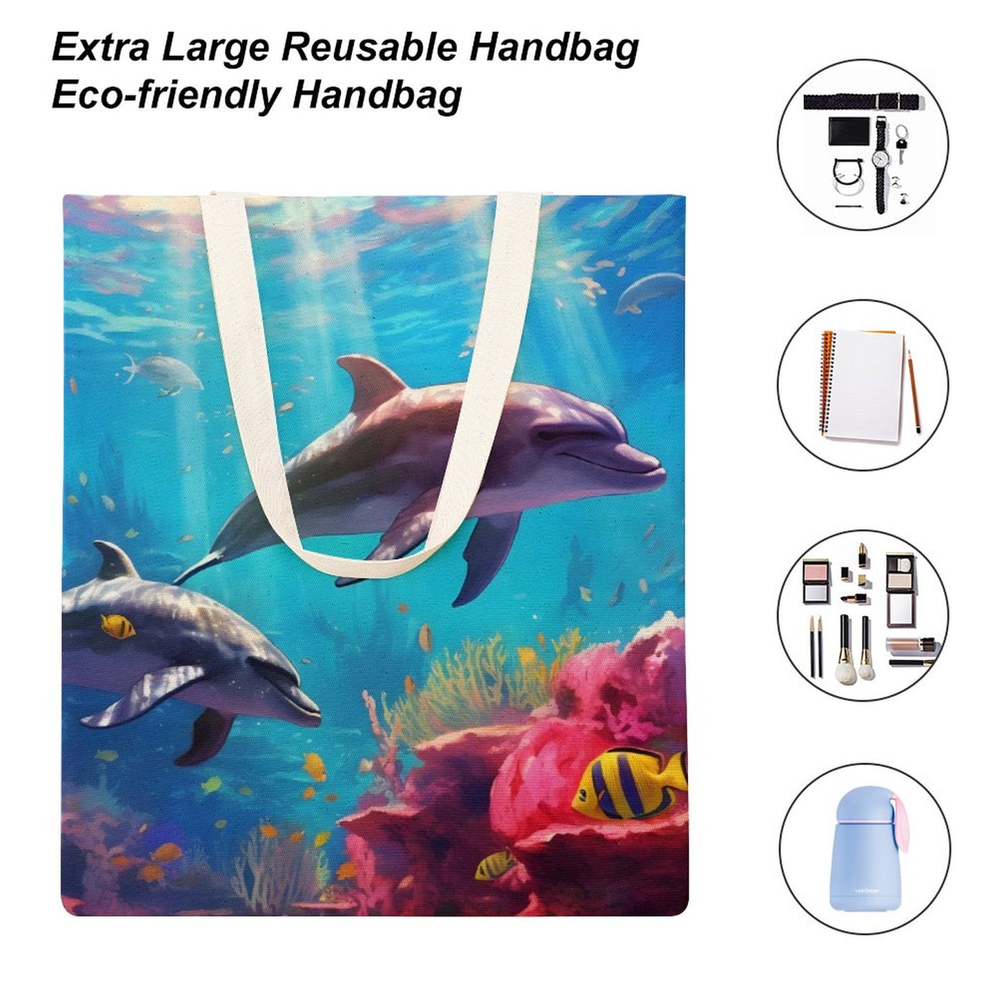 Canvas Tote Bag Double Side, Sea Dolphins, B001A009 - iTopMax