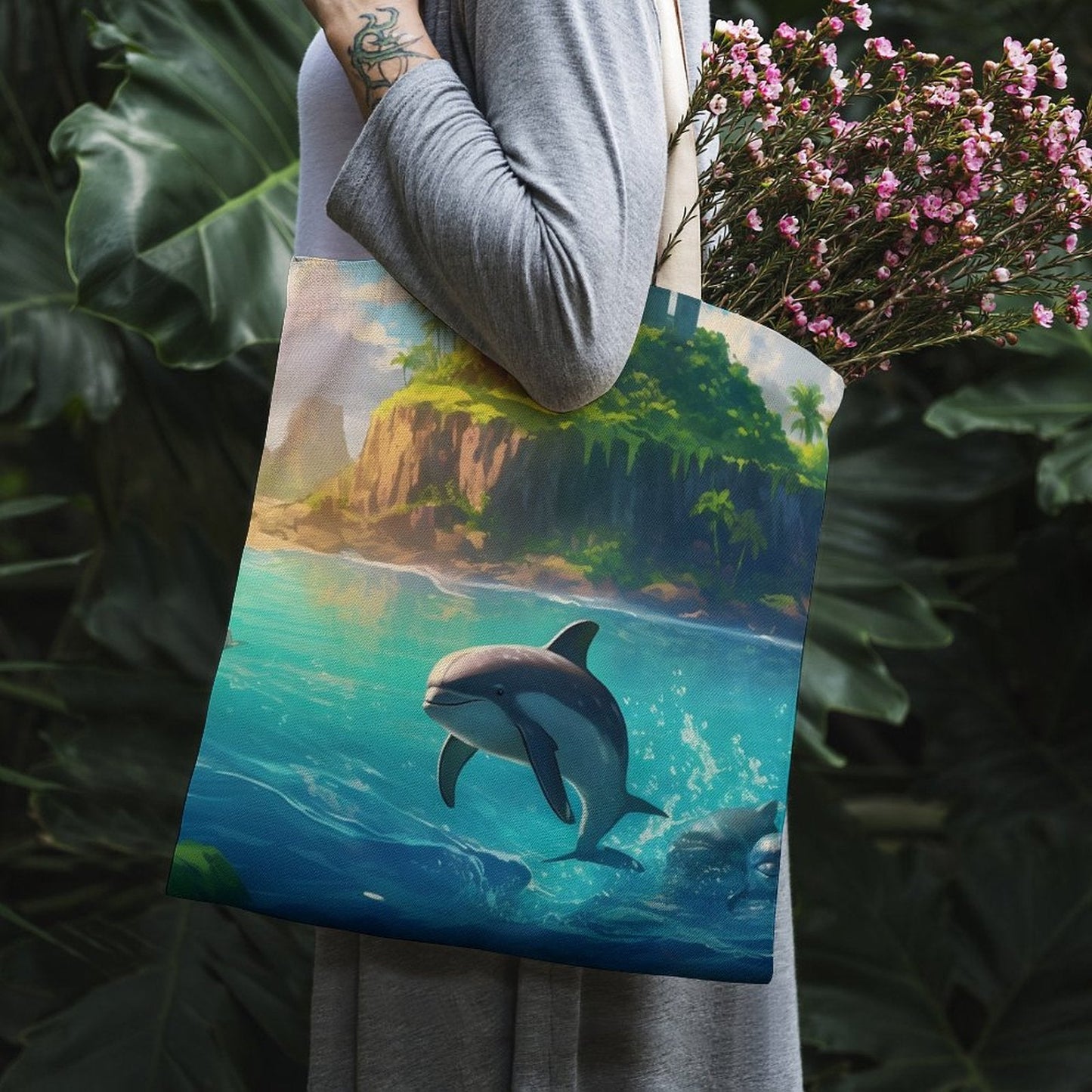 Canvas Tote Bag Double Side, Sea Dolphins, B001A008 - iTopMax