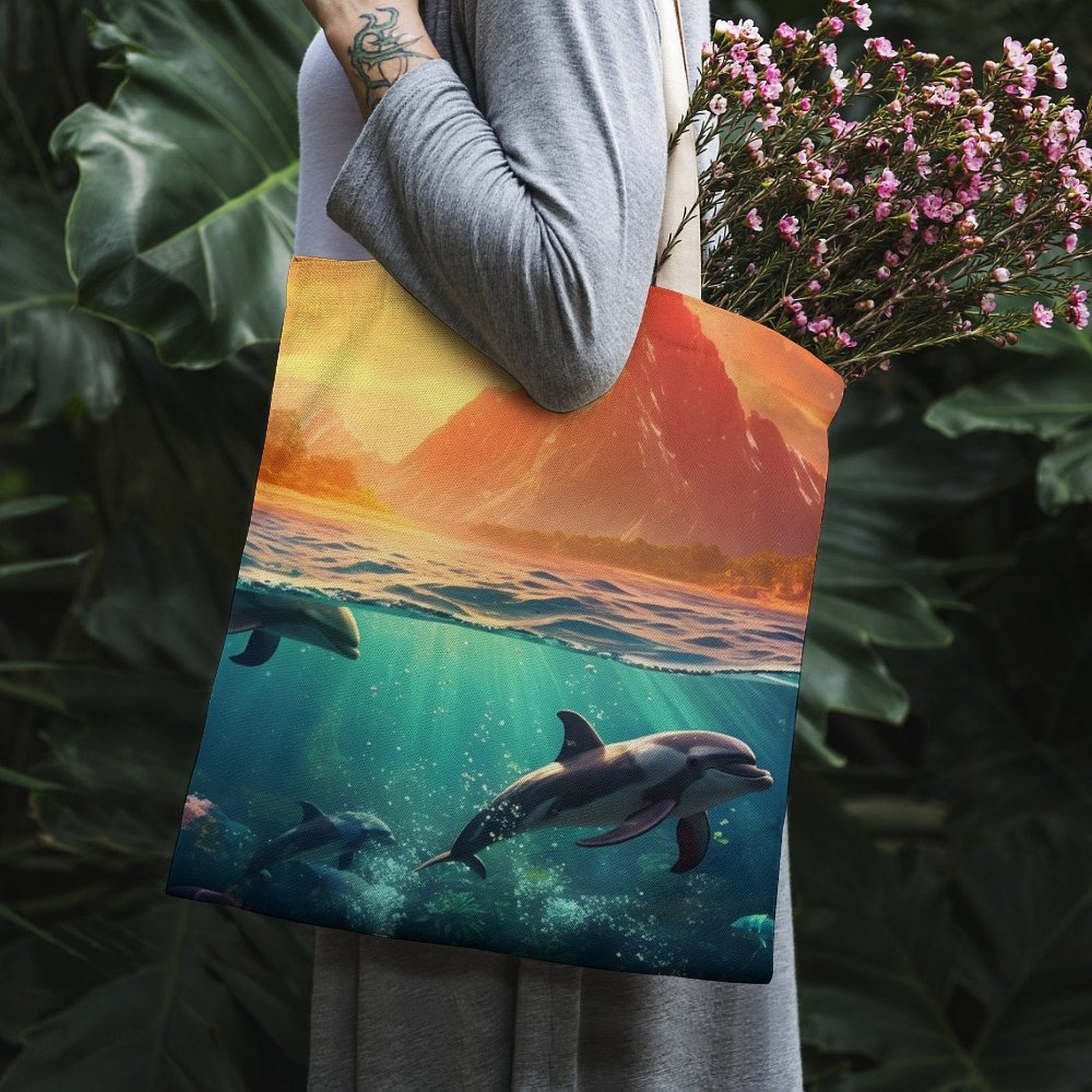 Canvas Tote Bag Double Side, Sea Dolphins, B001A010 - iTopMax