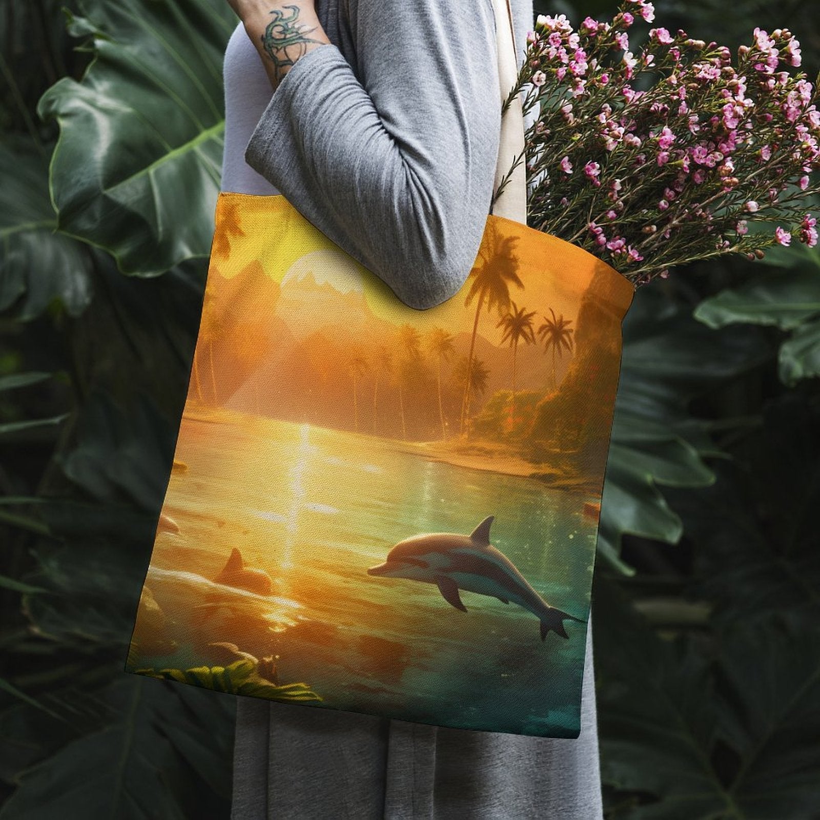 Canvas Tote Bag Double Side, Sea Dolphins, B001A007 - iTopMax