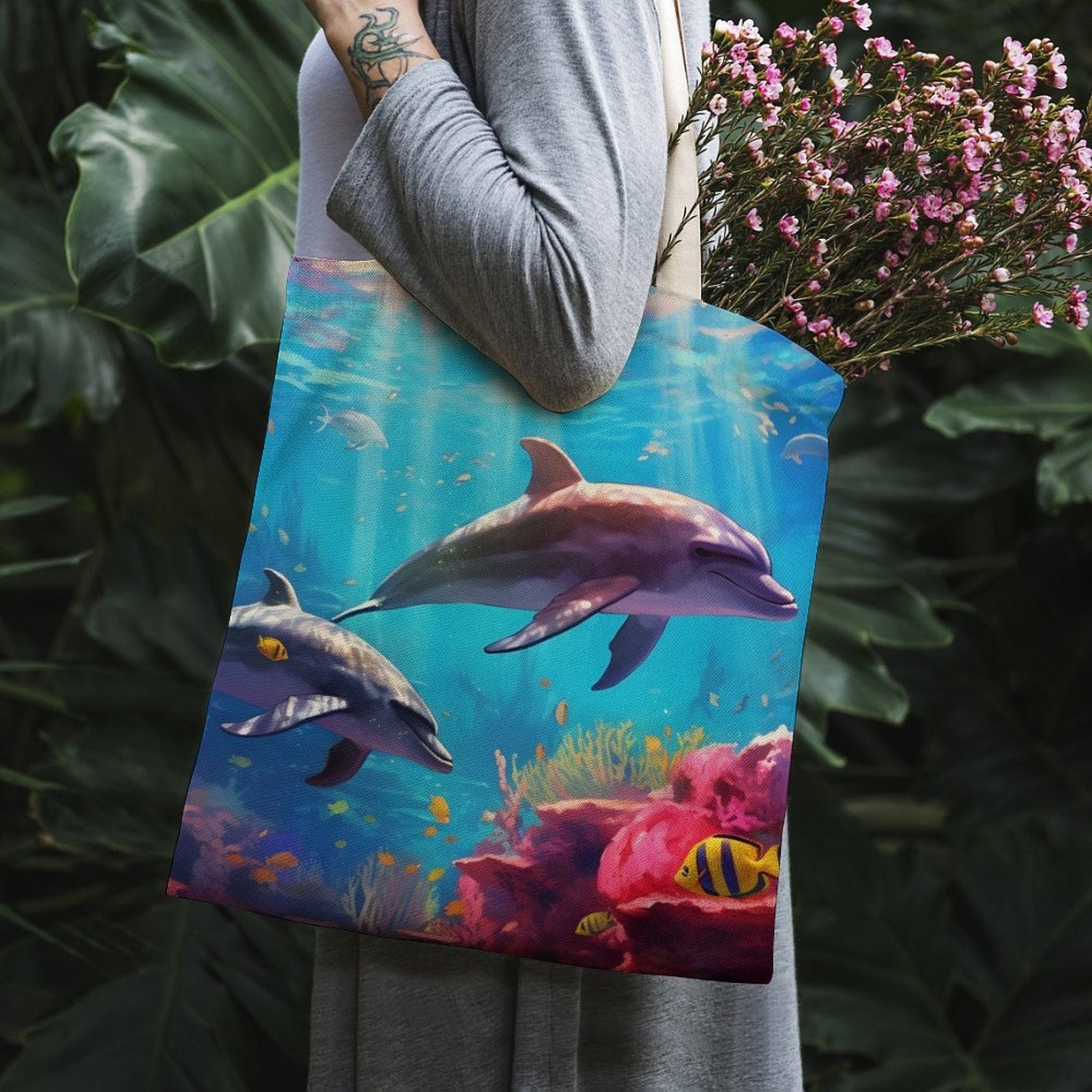 Canvas Tote Bag Double Side, Sea Dolphins, B001A009 - iTopMax