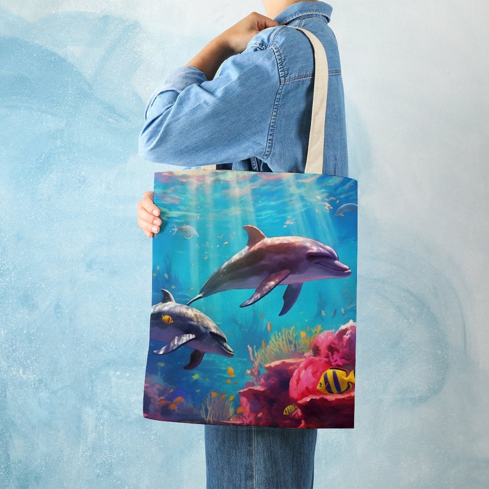 Canvas Tote Bag Double Side, Sea Dolphins, B001A009 - iTopMax