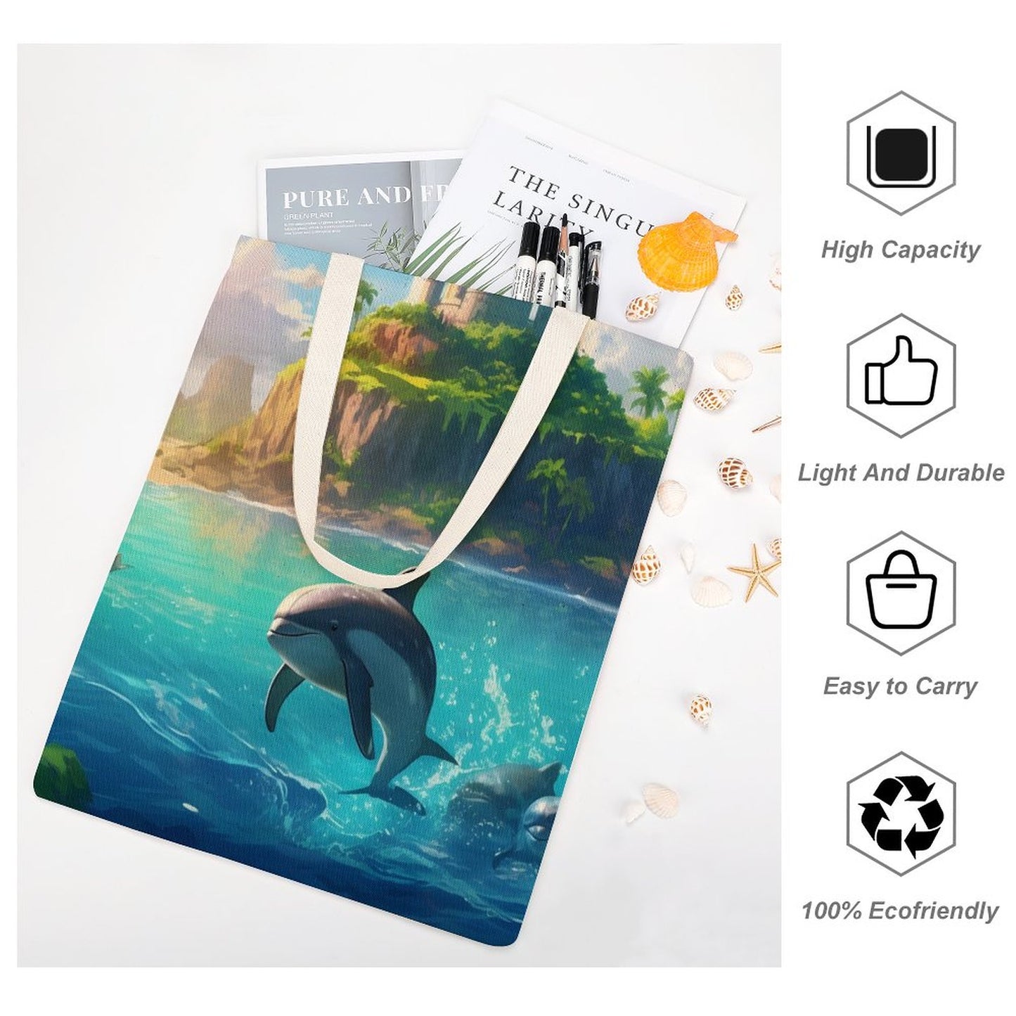 Canvas Tote Bag Double Side, Sea Dolphins, B001A008 - iTopMax
